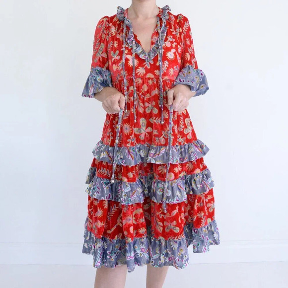 CeliaB Matilda Red Burnout Floral Tiered Ruffle Sleeve Midi Dress XS NWT - Picture 2 of 11